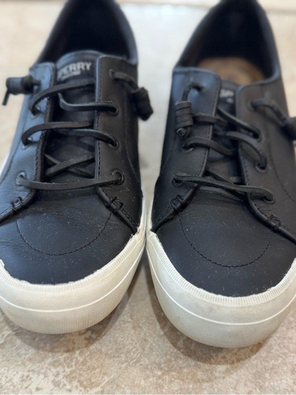 Sperry Women’s Black Leather Boat Sneakers with White Sole - Picture 3 of 6